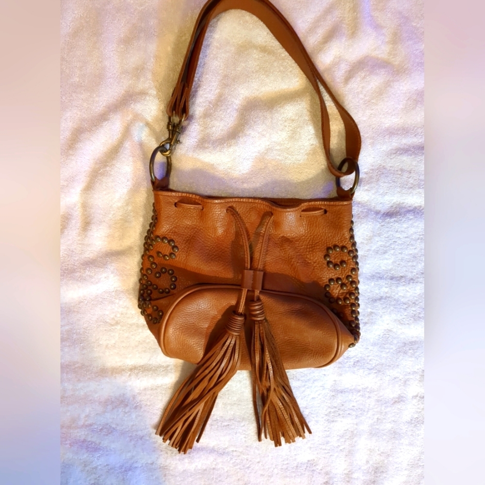 McFadin Sisters Handmade Brown Leather Fringe Studded Handbag Crossbody Purse LN